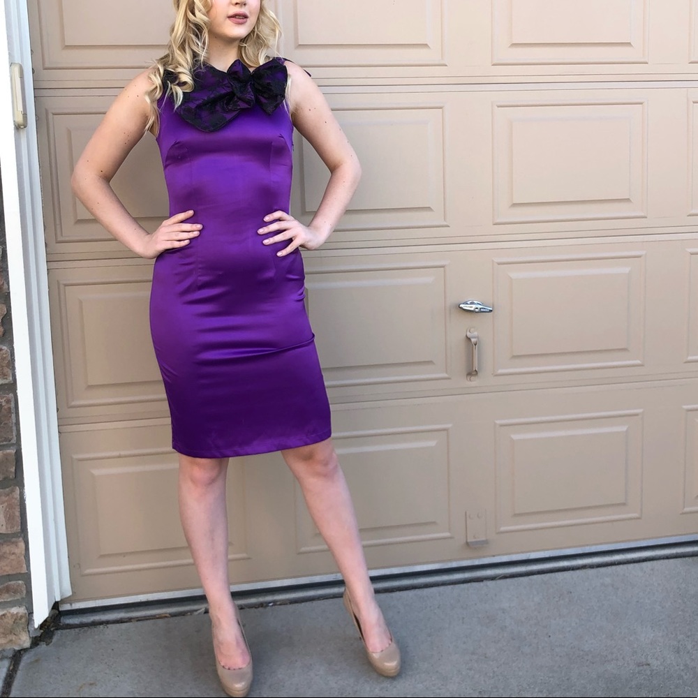 Knee length silk purple dress with bow